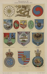 Escudos de armas do Havaí e de países da Ásia e África (cor litho) de German School