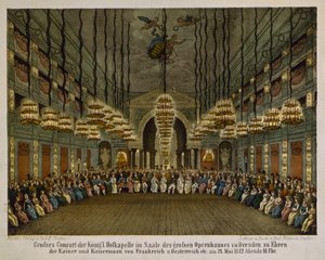 Concerto da banda real no auditório da Ópera de Dresden em homenagem ao casal imperial, 1812 (cor lito) de German School