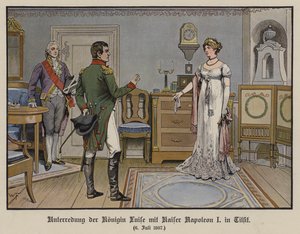 Conversa entre a Rainha Santa Luísa da Prússia e o Imperador Napoleão I em Tilsit, 6 de julho de 1807 (cor litho) de German School