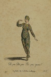 Figurinos para o papel de Papageno na ópera A Flauta Mágica de Wolfgang Amadeus Mozart, publicada em Leipzig por IB Klein, 1793 (gravura colorida) de German School