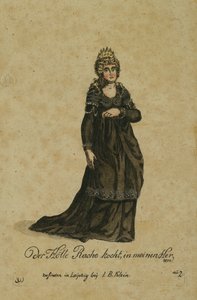 Figurinos para o papel da Rainha da Noite na ópera A Flauta Mágica de Wolfgang Amadeus Mozart, publicada em Leipzig por IB Klein, 1793 (gravura colorida) de German School