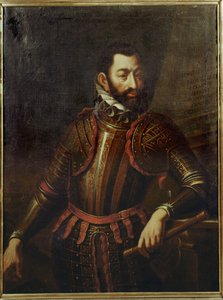 Conde Adolf Schwarzenberg que reconquistou a fortaleza de Gyoer, na Hungria, aos turcos em 1594 ... de German School