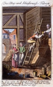 Artesanato: o fabricante de chumbo branco na sua oficina. Em "Comprehensive description of arts and crafts and workshops for young people" por Johan Peter Vue. Ed. Nuremberga, Weigel et c de German School