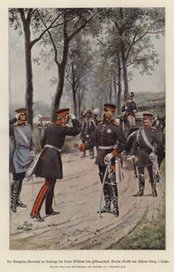 O Príncipe herdeiro da Alemanha, Frederick, condecorou o Marechal de Campo Helmuth von Moltke com a Cruz de Ferro em nome de seu pai, Kaiser Wilhelm I (cor litho) de German School