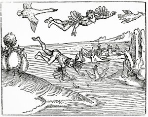 Daedalus, fugindo de Creta com seu filho, Ícaro, o vê caindo para a morte, 1493 (gravura em xilogravura)