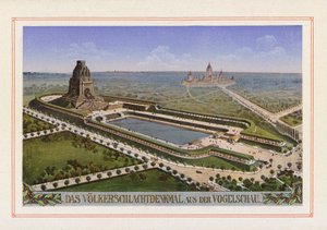 Uma vista aérea do Volkerschlachtdenkmal (litografia a cores) de German School