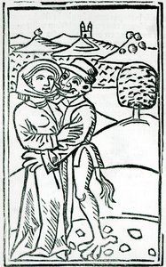Demônio fazendo amor com uma bruxa (impressão em xilogravura) de German School