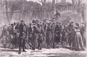 Saída do 10º Regimento de Guardas Nacionais para postos avançados, História da Guerra entre a França e a Alemanha publicada por Cassell and Company Limited, c.1890 (litho) de German School