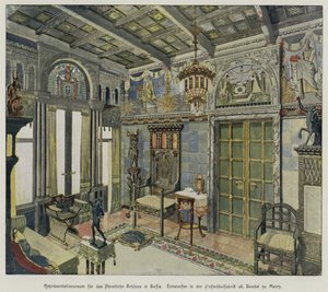 Design para um quarto no Palácio Real em Sófia, Bulgária, produzido pela fábrica de móveis A Bembe em Mainz, Alemanha (gravura a cores) de German School