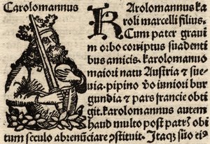 Detalhe de uma folha original incunable, retratando Charlemagne (742-814) pré-1500 (veja também 237071) de German School