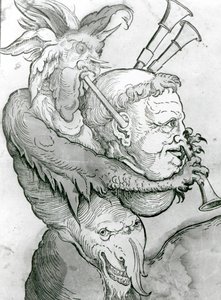 Diabo jogando Mans Head como Bagpipes, 1144 (impressão em xilogravura) de German School