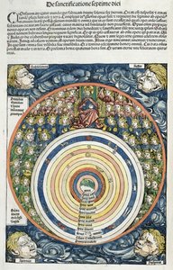Diagrama mostrando o sistema solar, de acordo com Ptolomeu (fl.127-145 dC) da Crônica de Nuremberg por Hartmann Schedel (1440-1514) 1493 (cor xilogravura) de German School