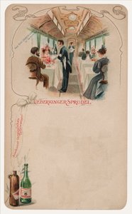 Carro de jantar em um trem, publicitário para Ueberkinger Sprudel água de mesa (chromolitho) de German School