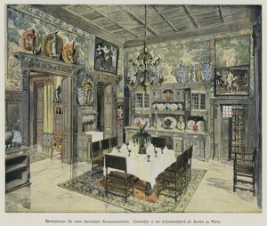 Sala de jantar de um rico industrial renano, produzida pela fábrica de móveis A Bembe, em Mainz, Alemanha (gravura colorida) de German School