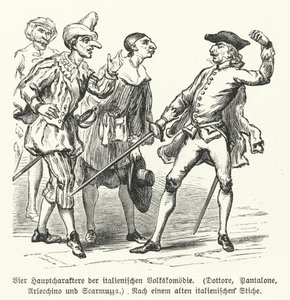 Dottore, Pantalone, Arlecchino e Scaramuccia, quatro personagens da Commedia dell
