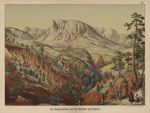 Pirâmides de terra e as Dolomitas, Tirol do Sul (cor litho) de German School