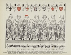 Eleição de Henrique VII do Luxemburgo como Santo Imperador Romano, Frankfurt, 27 de Novembro de 1308 (cor litho) de German School