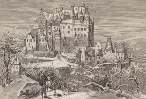 Castelo de Eltz, nas colinas acima do rio Mosela, Alemanha, como parecia no final do século XVI (litho) de German School