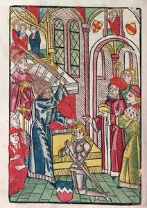 Imperador Sigismund (1367-1437) de Luxemburgo, dublando um cavaleiro (cor xilogravura) de German School