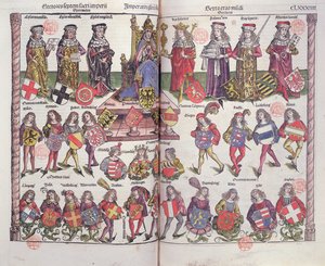 Imperador e eleitores do Sacro Império Romano com vinte e quatro fidalgos alemães apresentando os seus brasões de armas de German School