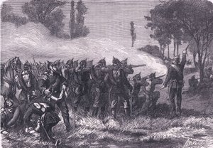 Encontro na floresta antes de Metz, Cassells História da Guerra entre a França e a Alemanha publicado por Cassell and Company Limited, c.1890 (litho) de German School