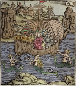 Eneide de Virgil (70 a.C.-19 a.C.), o herói troiano Enee e seus companheiros atravessam um mar cheio de sirenes. Xilografia de Sebastian Brant (1458-1521). Estrasburgo de German School