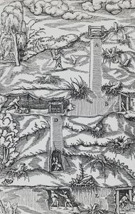 Gravura de De re metallica (Sobre a natureza dos metais), de Georg Pawer ou Georgius Agricola (1494-1555), publicado em Basileia de German School
