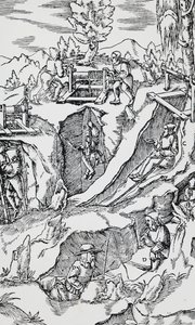 Gravura de De re metallica (Sobre a natureza dos metais), de Georg Pawer ou Georgius Agricola (1494-1555), publicado em Basileia de German School
