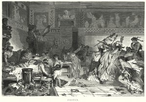 Entretenimento após a refeição em uma festa romana (litho) de German School