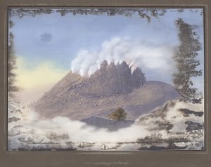 Erupção no Vulcão Merapi com uma Visão do Extremo Oriente da Cratera, novembro de 1836, pl.VI do Atlas Topográfico e Científico sobre a Viagem através de Java, pelo dr. Fr. Junghuhn, Magdebu de German School