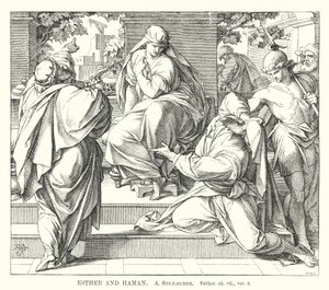 Esther e Haman, Esther, ch vii, ver 8 (gravura) de German School