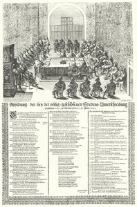 Congresso Europeu de Paz realizado em Nuremberga, em 1650, após o Wa dos Trinta Anos (gravura) de German School
