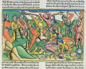 Êxodo 17 8-15 Aarão e Hur apóiam as mãos de Moisés para garantir a vitória dos israelitas sobre os amalequitas, da Bíblia de Nuremberg (Biblia Sacra Germanaica) (xilogravura colorida)