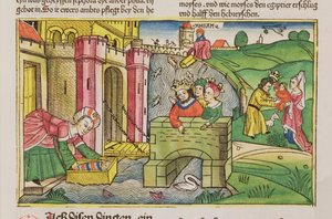 Êxodo 2 1-6 Moisés sendo flutuado no Nilo e descoberto por uma das esposas do faraó, da Bíblia de Nuremberg (Biblia Sacra Germanaica) (xilogravura colorida) de German School