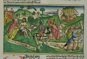 Cópia de fac-símile de Jó: Frontispício, Jó sendo repreendido por sua esposa, sua casa e família destruída por um furacão e seu gado roubado, da Bíblia de Nuremberg (Biblia Sacra Germanaica) de German School