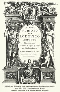 Fac-símile da página de rosto de uma edição de 1583 do poeta italiano Ludovico Ariosto, o épico Orlando Furioso (litho) de German School