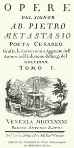 Fac-símile da página de rosto de uma edição veneziana das obras recolhidas do poeta e libretista italiano Pietro Metastasio (litho) de German School
