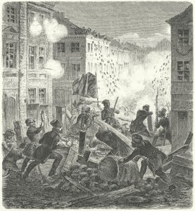 Luta numa barricada em frente à Câmara Municipal de Colln, Berlim, Revolução de 1848 (gravura) de German School