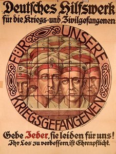 Cartaz da Primeira Guerra Mundial incitando os alemães a darem dinheiro para ajudar os prisioneiros de guerra alemães (cor litho) de German School