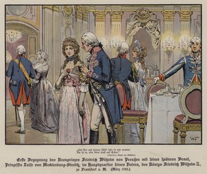 Primeiro encontro do príncipe herdeiro Frederick William da Prússia e sua futura noiva, a princesa Louise de Mecklenburg-Strelitz, na sede do seu pai, o rei Frederick William II, em Frankfurt. de German School