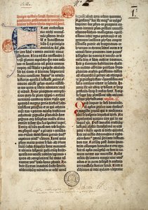 Primeira página da Bíblia em latim (vulga) de Gutenberg preparada em Mainz 1452 - 1454. O início do epitre de São Jerônimo ao sacerdote Paulino tratando de todos os livros da Sagrada Escritura. de German School