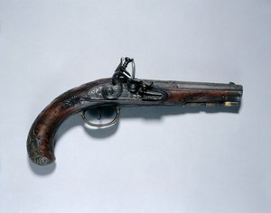 Flintlock Pistol, fabricante de barris Johann Andreas Kuchenreuter (1716-1795), c.1750 (aço, nogueira, suportes de latão, incrustados com ouro, latão e prata) de German School