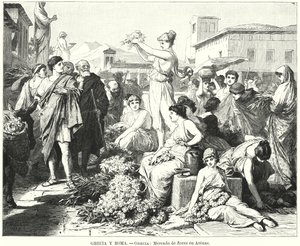 Mercado de flores em Atenas, Grécia Antiga (litho) de German School