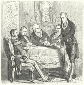 Frederick William III da Prússia em discussões com seu Primeiro Ministro, Karl August von Hardenberg e Klemens von Metternich, o Ministro dos Negócios Estrangeiros austríaco (gravura) de German School