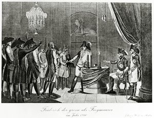 Frederico, o Grande recebe seu cunhado, Frederico, Margrave de Brandemburgo-Bayreuth como maçom em Berlim em 1740 de German School