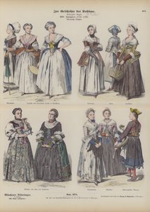 Fatos de mulher burguesa francesa e alemã, finais do século XVIII (gravura a cores) de German School