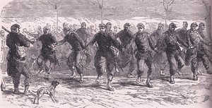 Soldados franceses dançando no acampamento, Cassells History of the War between France and Germany publicado por Cassell and Company Limited, c.1890 (litho) de German School