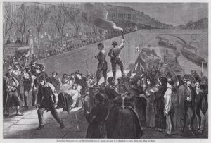 Soldados franceses feridos na última tentativa infrutífera de escapar do cerco de Paris chegando ao Quai de la Megisserie, Guerra Franco Prussiana, janeiro de 1871 (gravura) de German School
