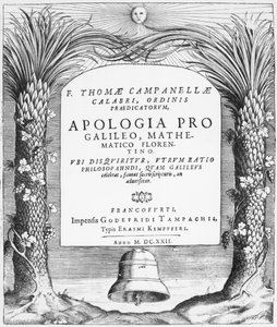 Frontispício para Apologia pro Galileo, Mathematico Florentino por Tommaso Campanella, publicado em Frankfurt, 1622 de German School