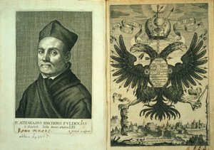 Frontispiece ao ímã ou trabalho de arte magnética por Kircher tripartite de 1643 de German School